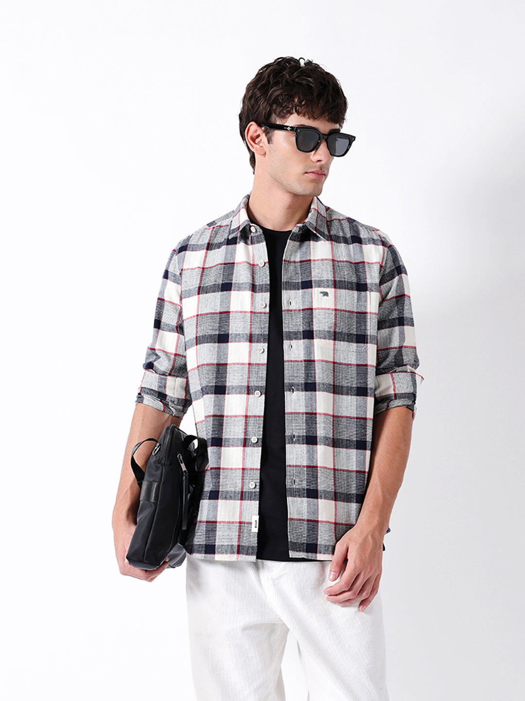 Blue & Cream Herringbone Check Slim Fit Casual Shirt