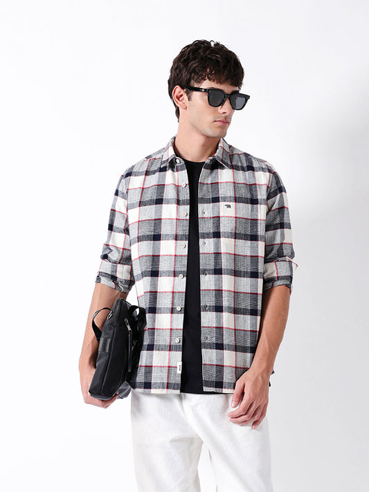 Blue & Cream Herringbone Check Slim Fit Casual Shirt