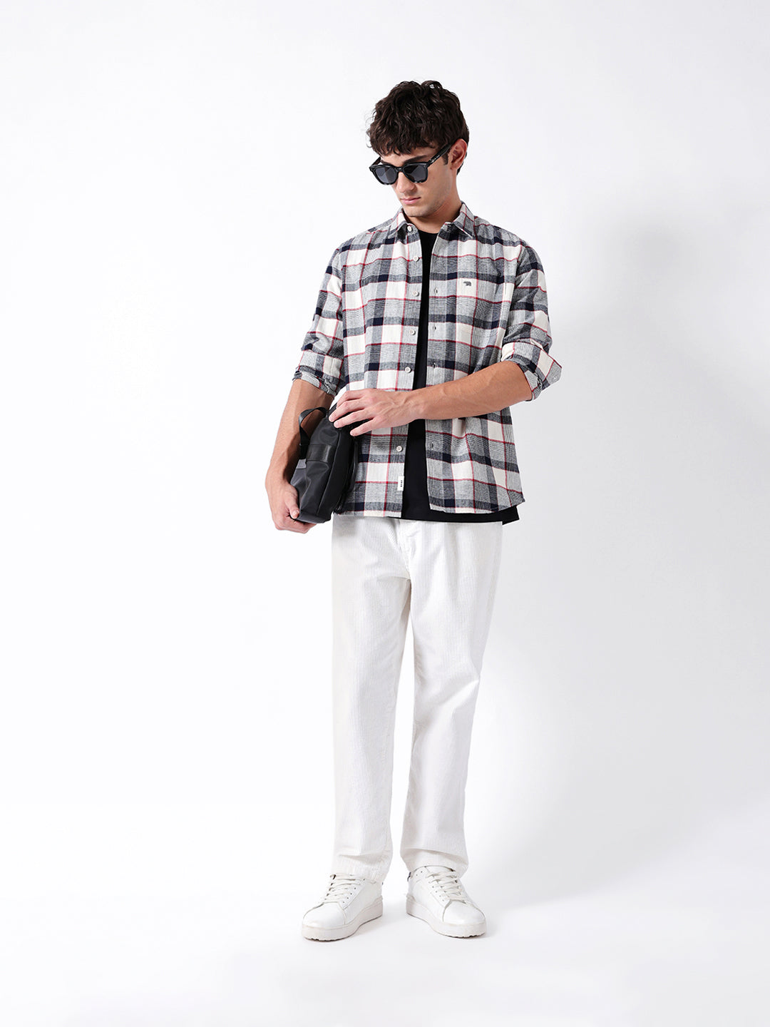 Blue & Cream Herringbone Check Slim Fit Casual Shirt
