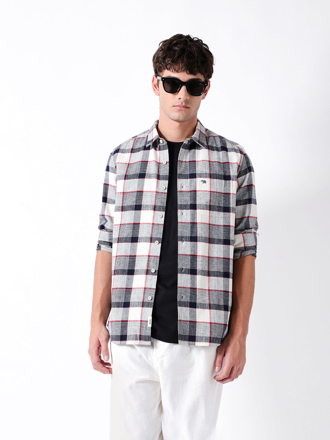 Blue & Cream Herringbone Check Slim Fit Casual Shirt