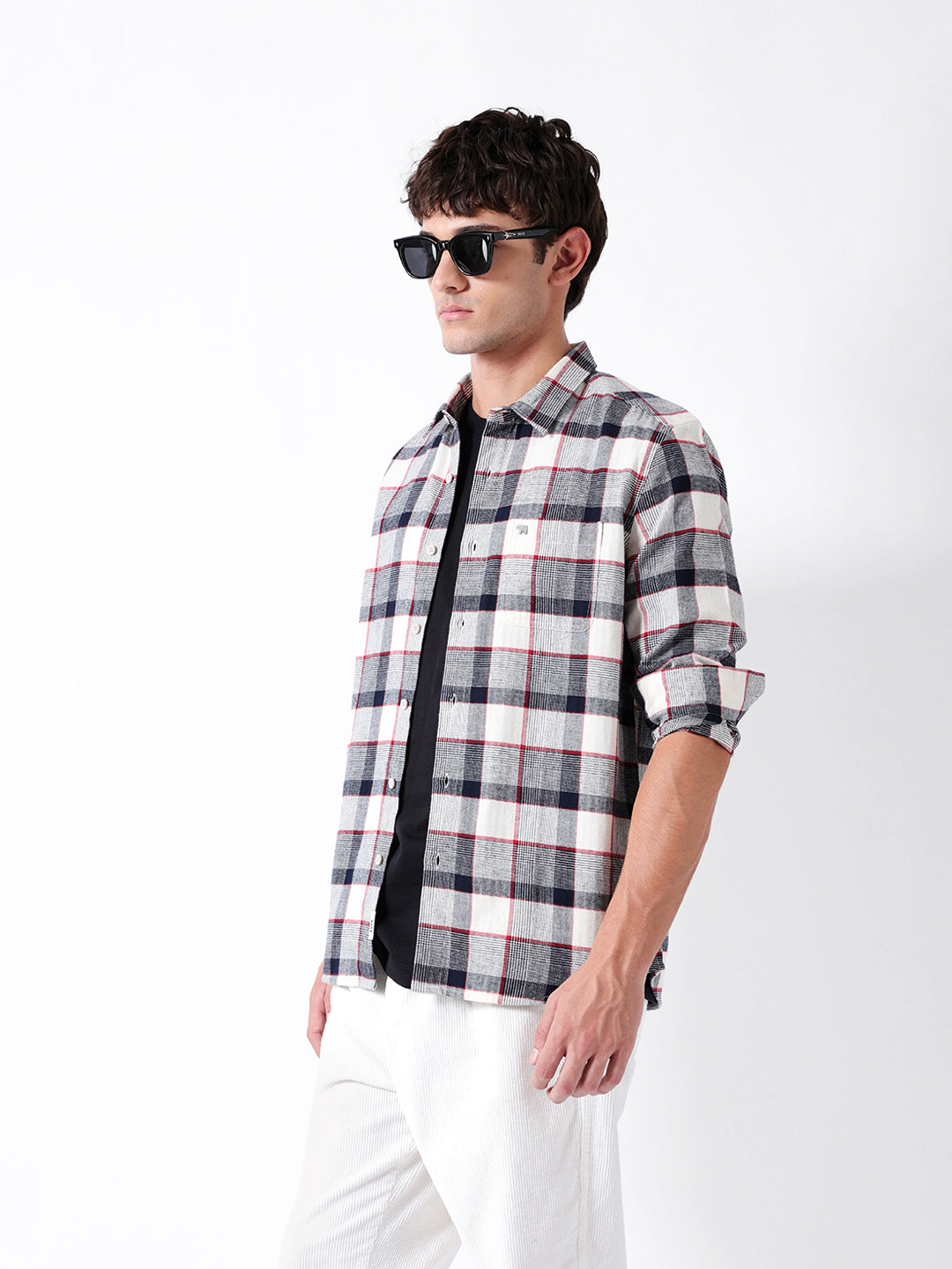 Blue & Cream Herringbone Check Slim Fit Casual Shirt