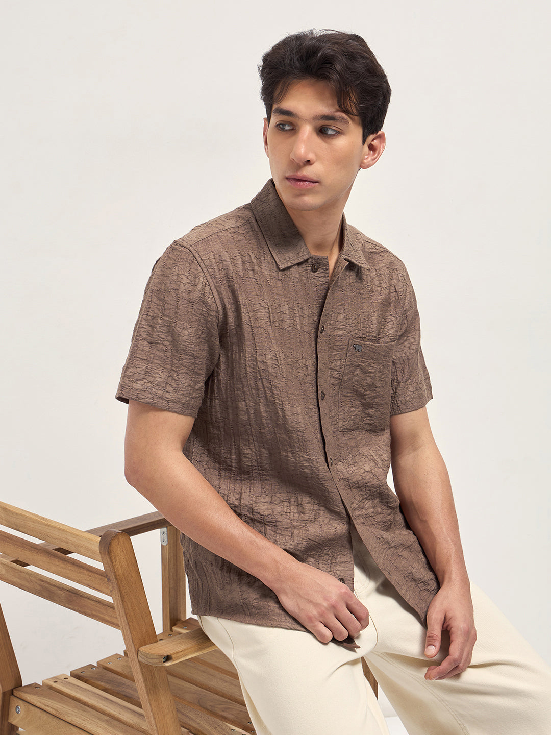 Brown Crinkle Textured Regular Fit Half-Sleeve Casual Shirt