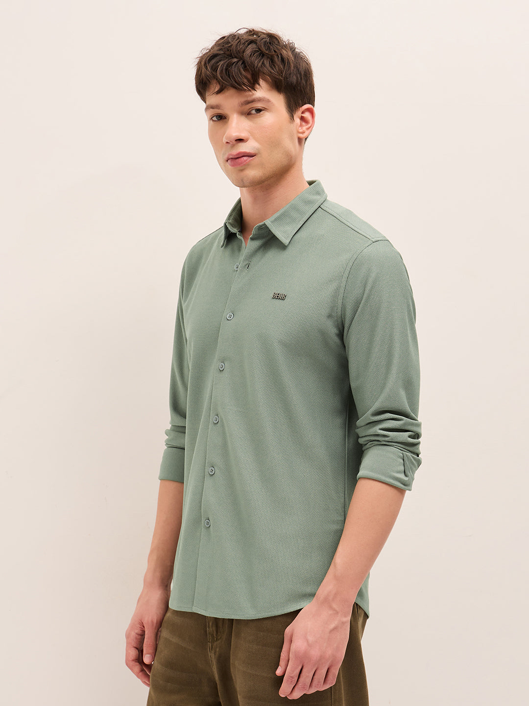 Green Woven Textured Regular Fit Casual Shirt