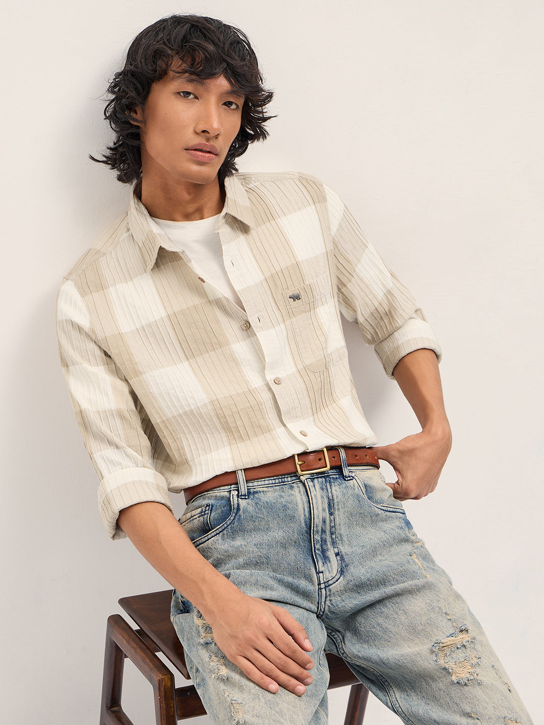 Beige Slim Fit Casual Shirt with Textured Stripe and Block Check Design