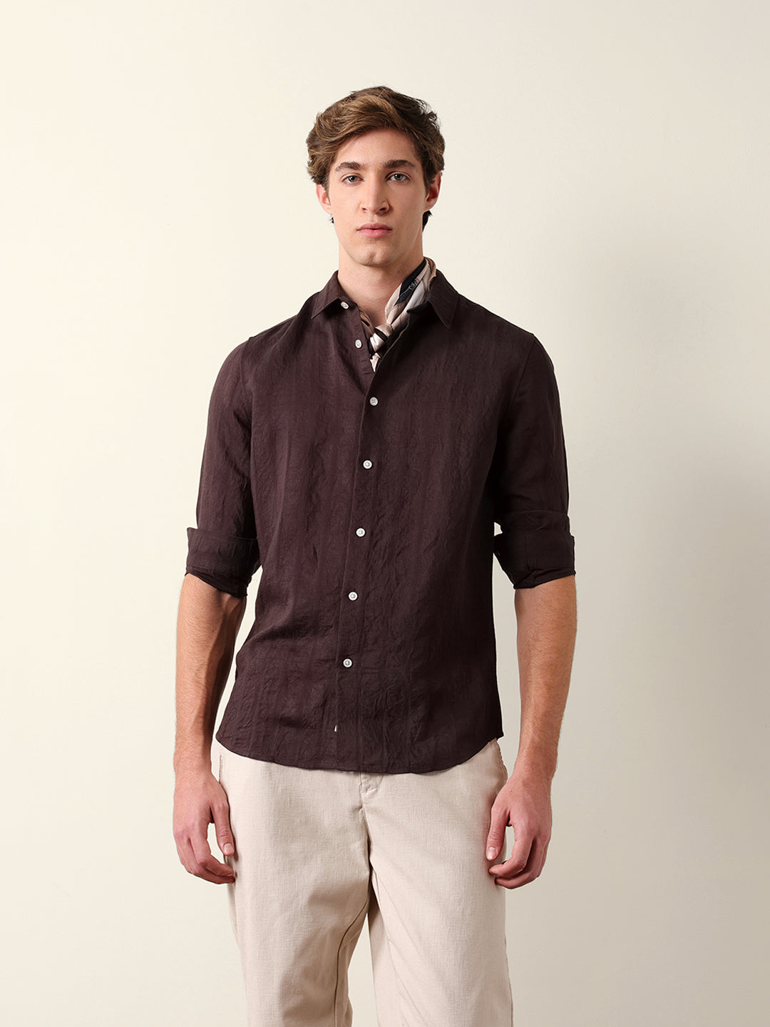 Brown Slim Fit Casual Shirt with Woven Semi-Transparent Vertical Stripes