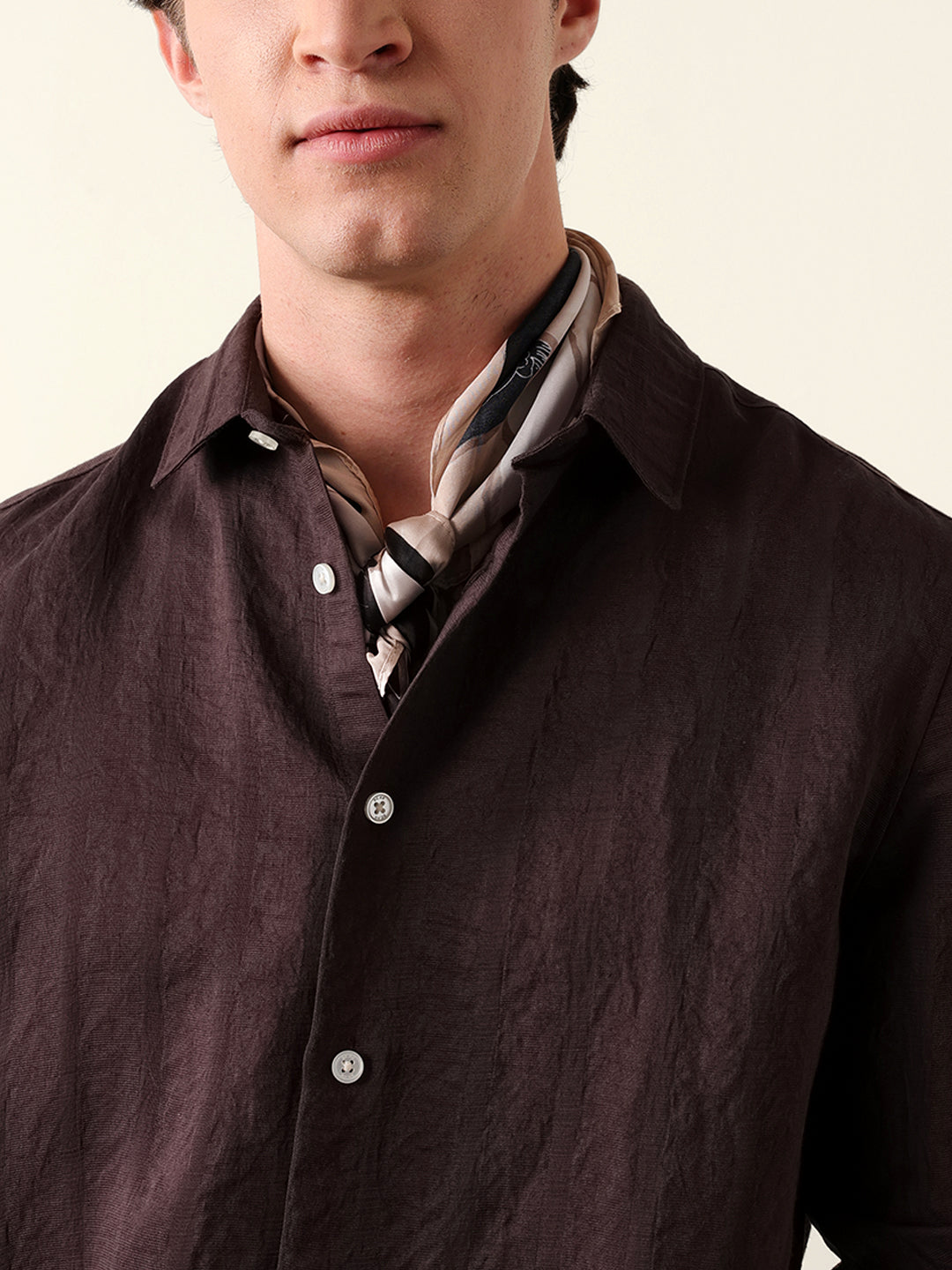 Brown Slim Fit Casual Shirt with Woven Semi-Transparent Vertical Stripes