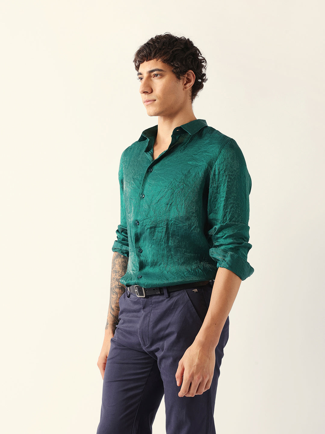Green Regular Fit Casual Shirt with Crinkle Effect & Subtle Sheen Finish