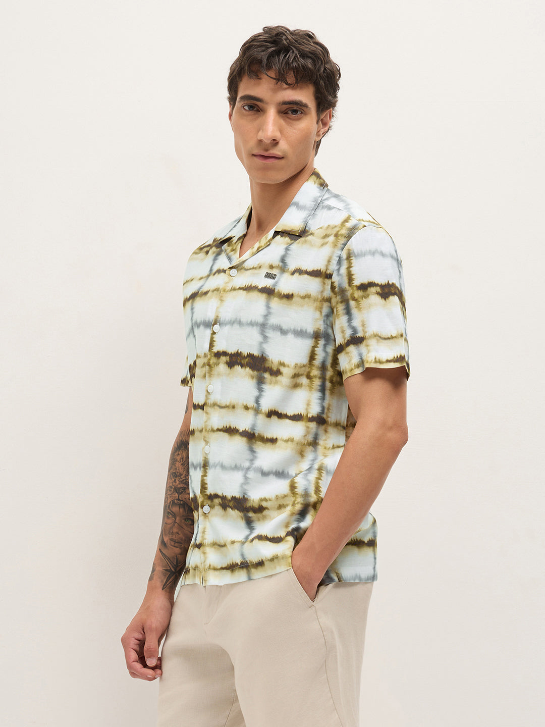 Multicolor Abstract Tie-Dye Print Relaxed Fit Cuban Collar Casual Shirt