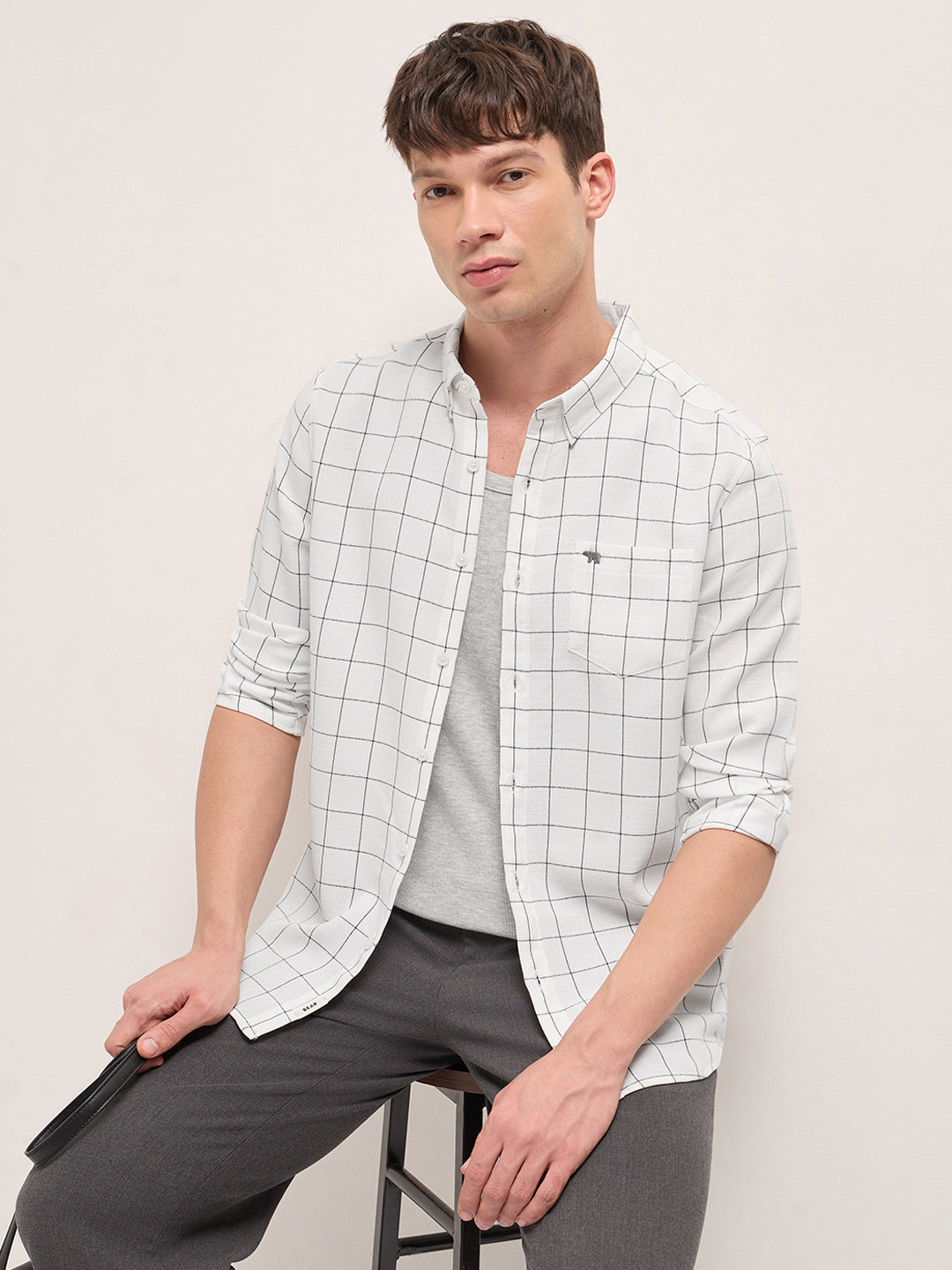 White Block Checks Slim Fit Casual Shirt