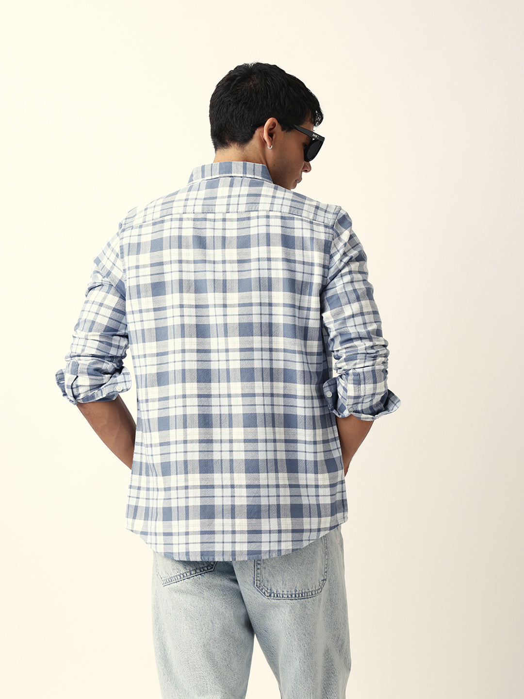 White with Blue Woven Tartan Checked Slim Fit Casual Shirt