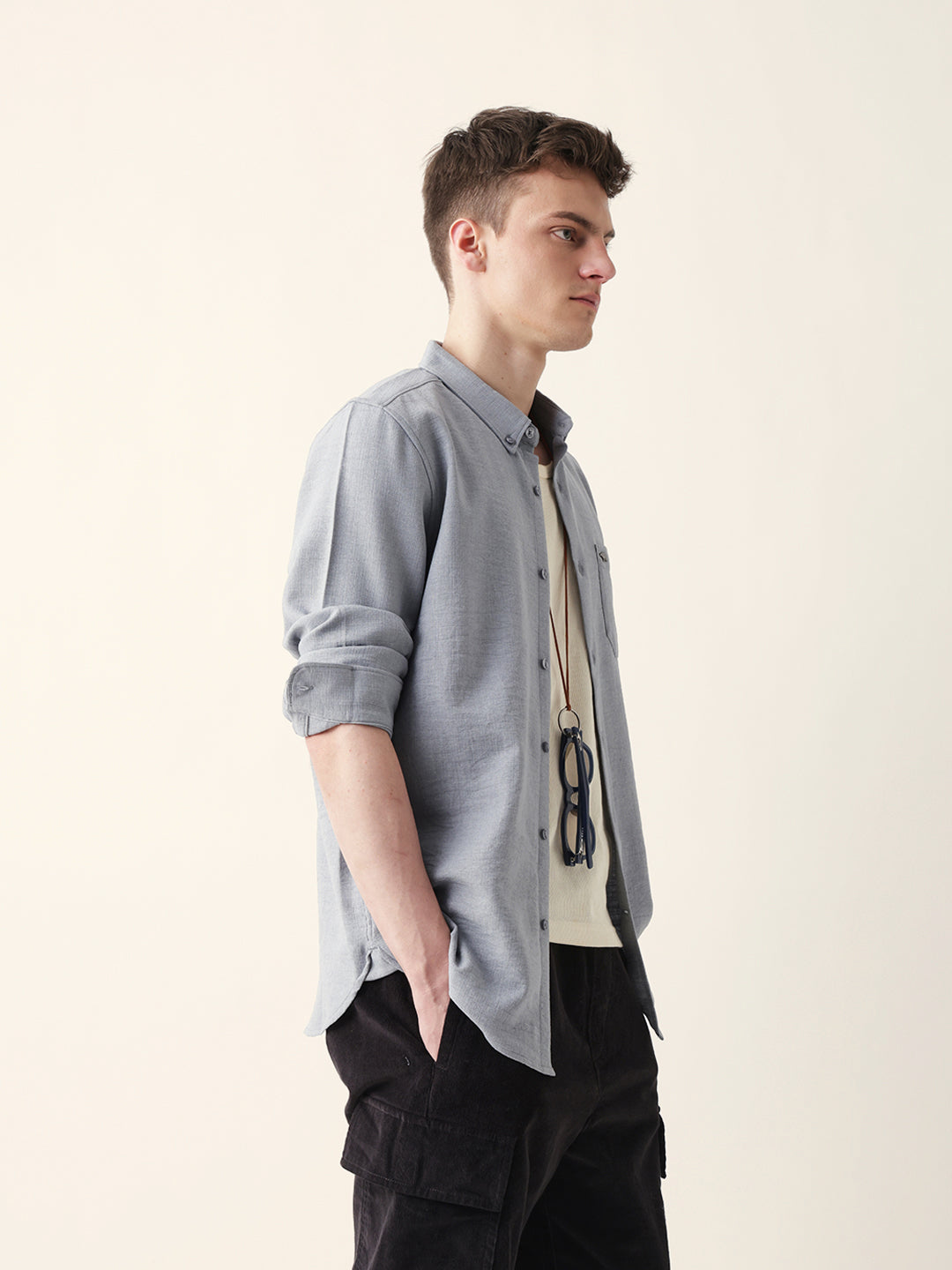 Grey Slub-Textured Woven Slim Fit Casual Shirt