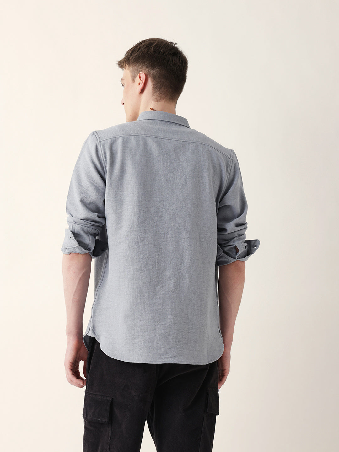 Grey Slub-Textured Woven Slim Fit Casual Shirt