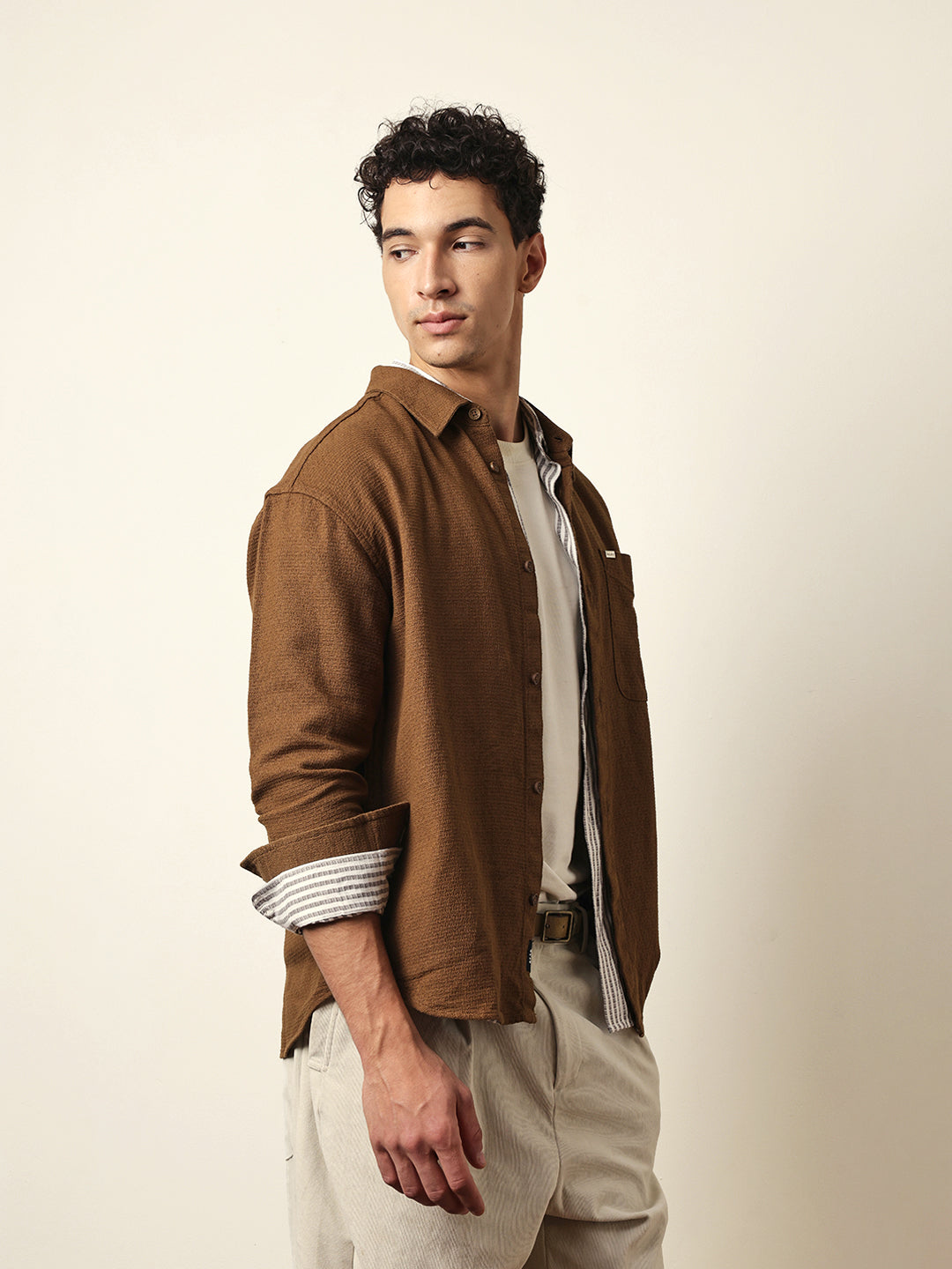 Mustard Textured Crepe Relaxed Fit Overshirt