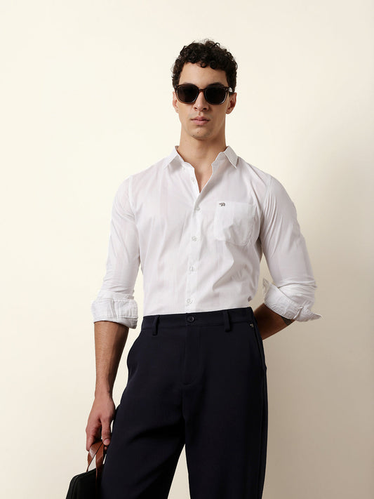 White Woven Textured Solid Slim Fit Casual Shirt