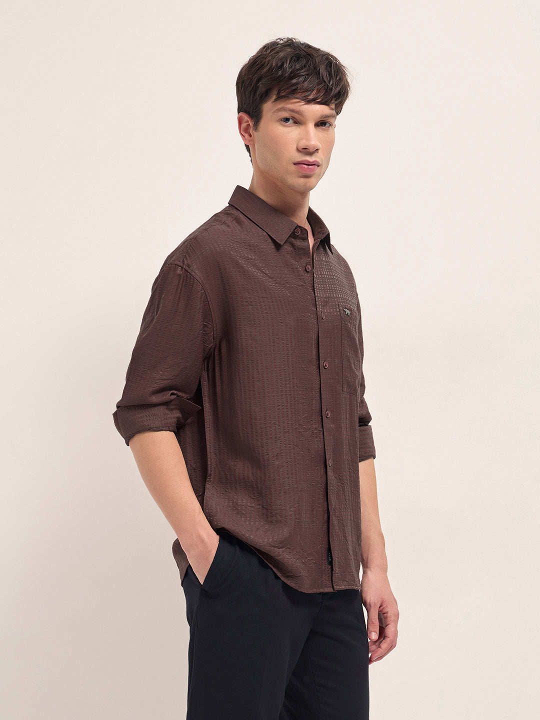 Maroon Crinkled Stripe Textured Relaxed Fit Long Sleeve Shirt