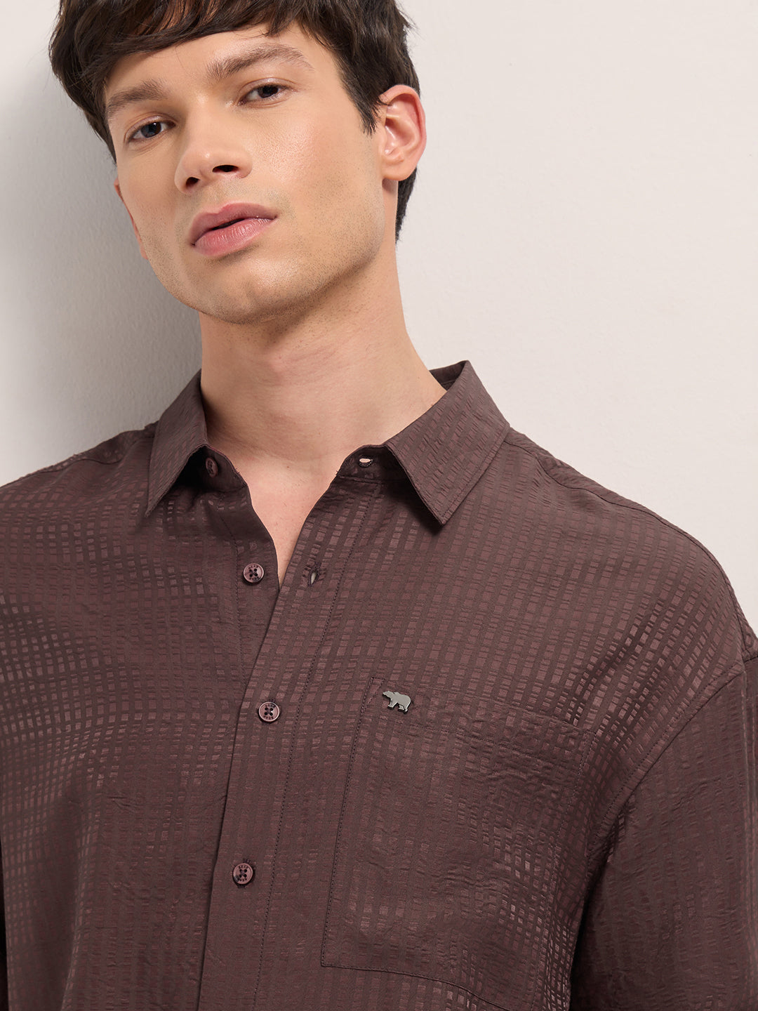 Maroon Crinkled Stripe Textured Relaxed Fit Long Sleeve Shirt