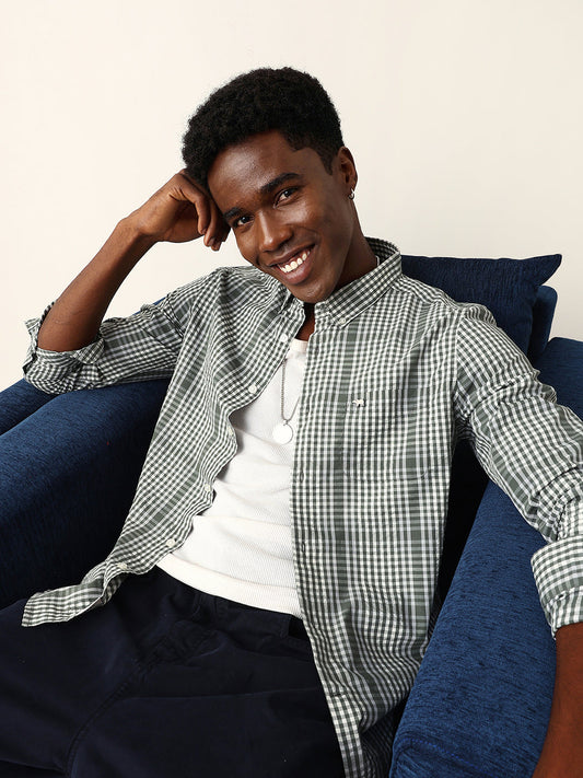 Green & White Woven Micro Checked Slim Fit Casual Shirt