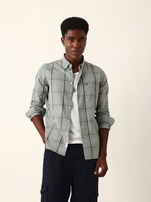 Green & White Woven Micro Checked Slim Fit Casual Shirt