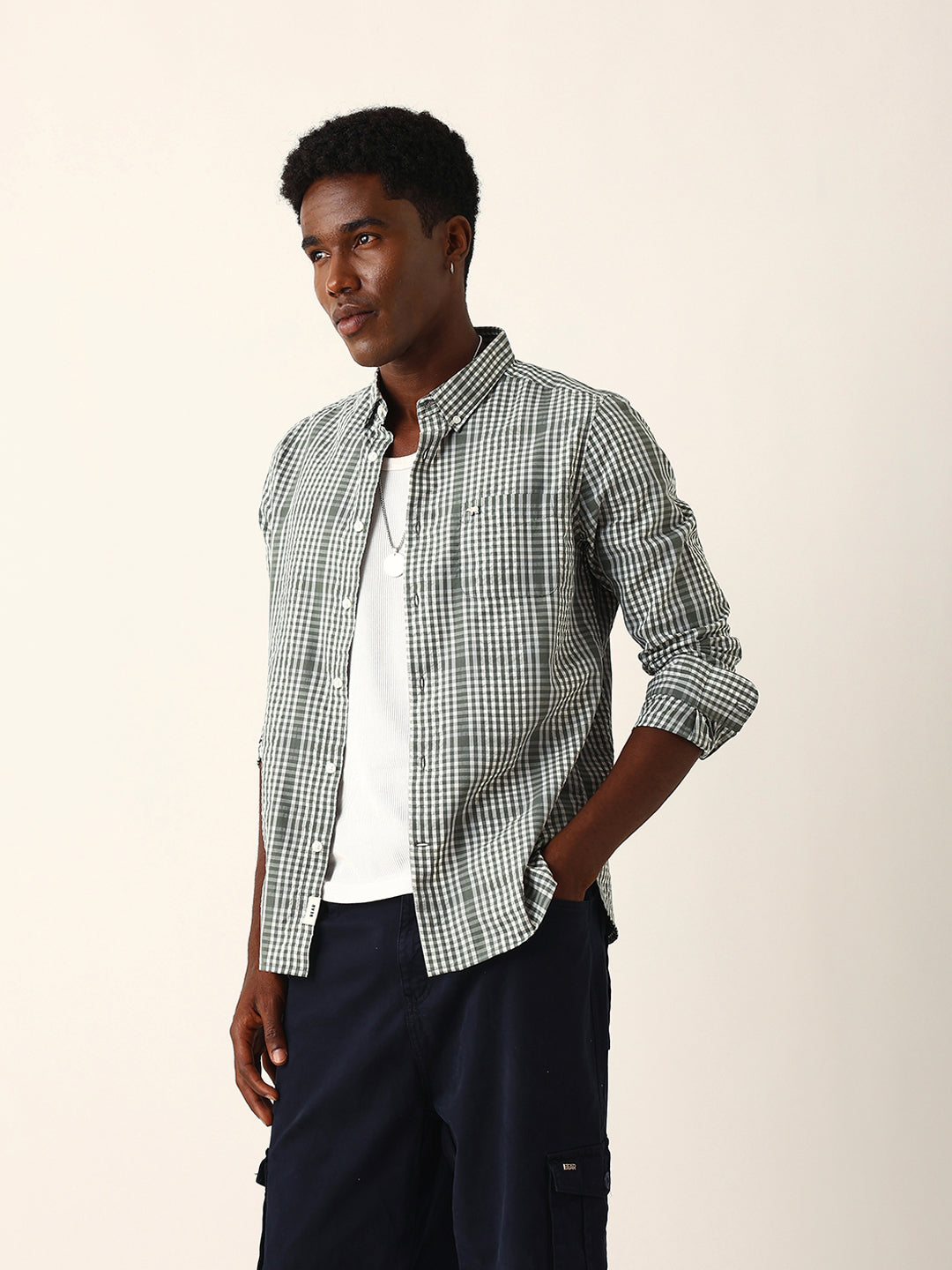 Green & White Woven Micro Checked Slim Fit Casual Shirt