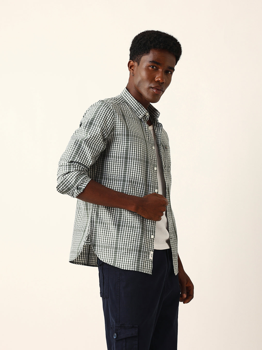 Green & White Woven Micro Checked Slim Fit Casual Shirt