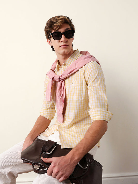 Yellow & White Woven Micro Check Slim Fit Casual Shirt