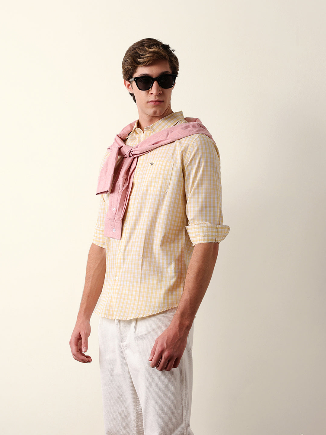Yellow & White Woven Micro Check Slim Fit Casual Shirt