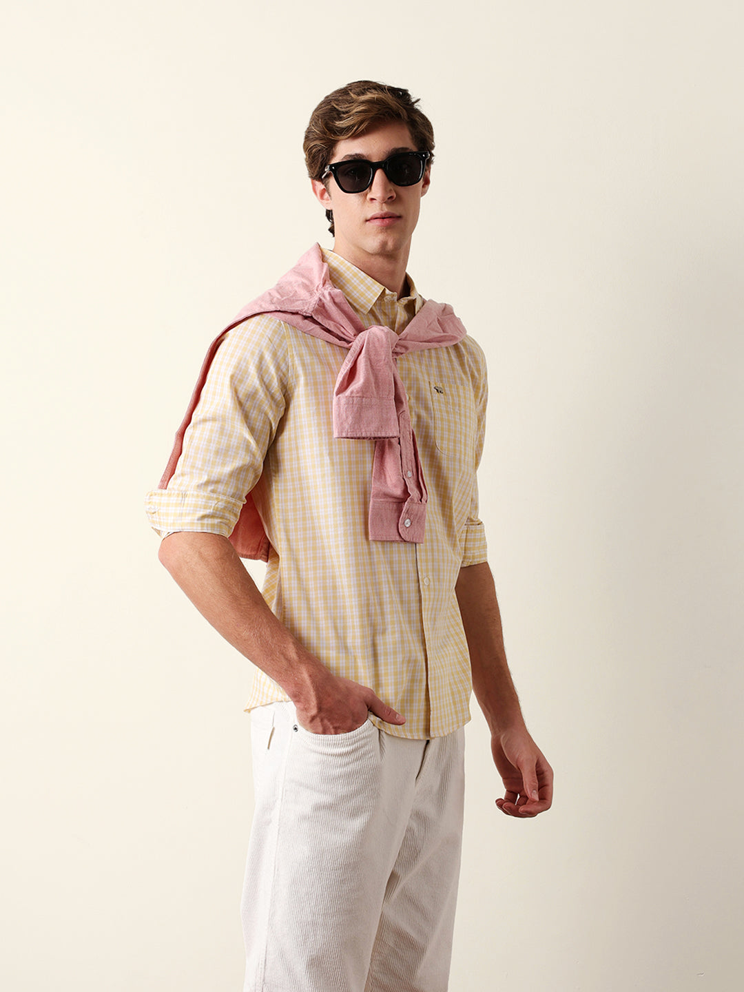 Yellow & White Woven Micro Check Slim Fit Casual Shirt