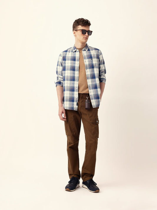 Blue Woven Checkered Slim Fit Casual Shirt