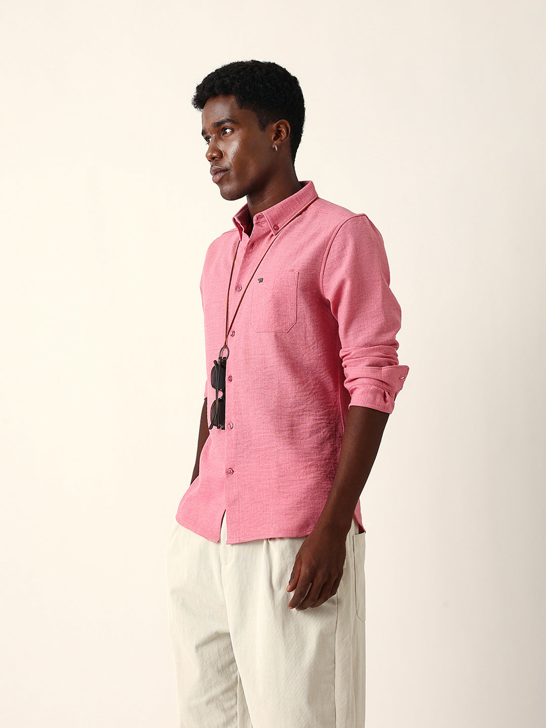 Pink Slim Fit Casual Shirt with Woven Textured Design