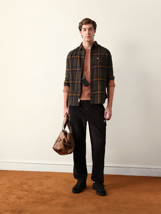 Olive Woven Checked Slim Fit Casual Shirt