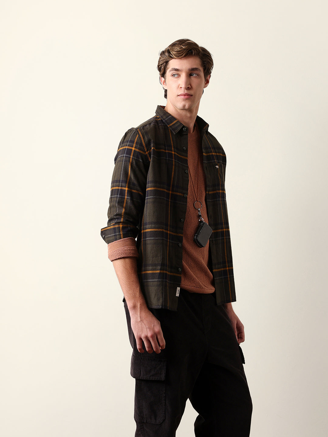 Olive Woven Checked Slim Fit Casual Shirt
