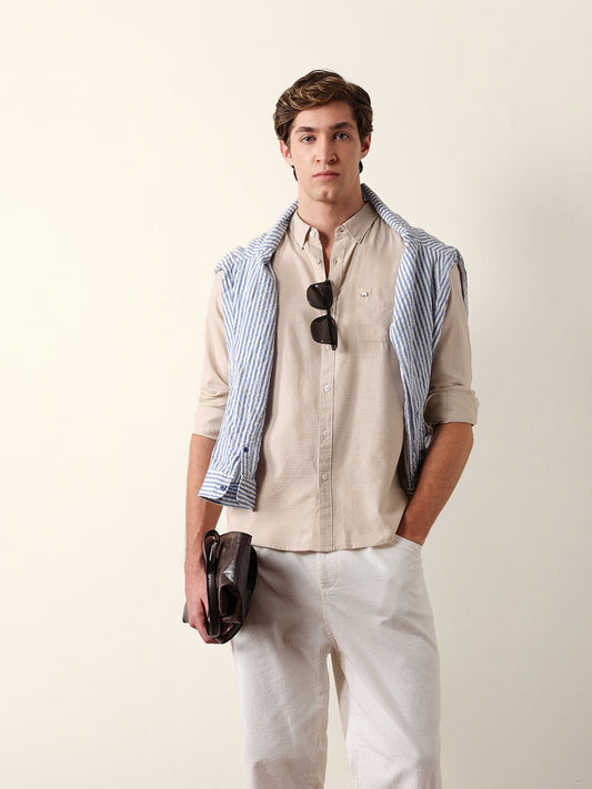 Beige Woven Textured Solid Slim Fit Casual Shirt