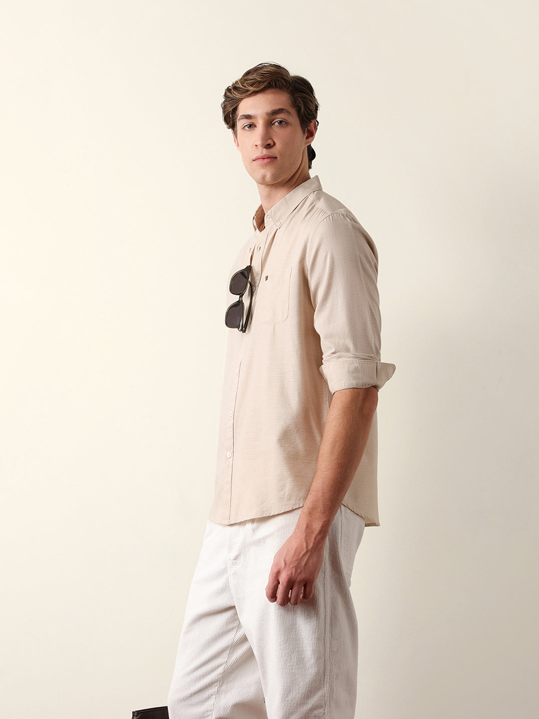 Beige Woven Textured Solid Slim Fit Casual Shirt