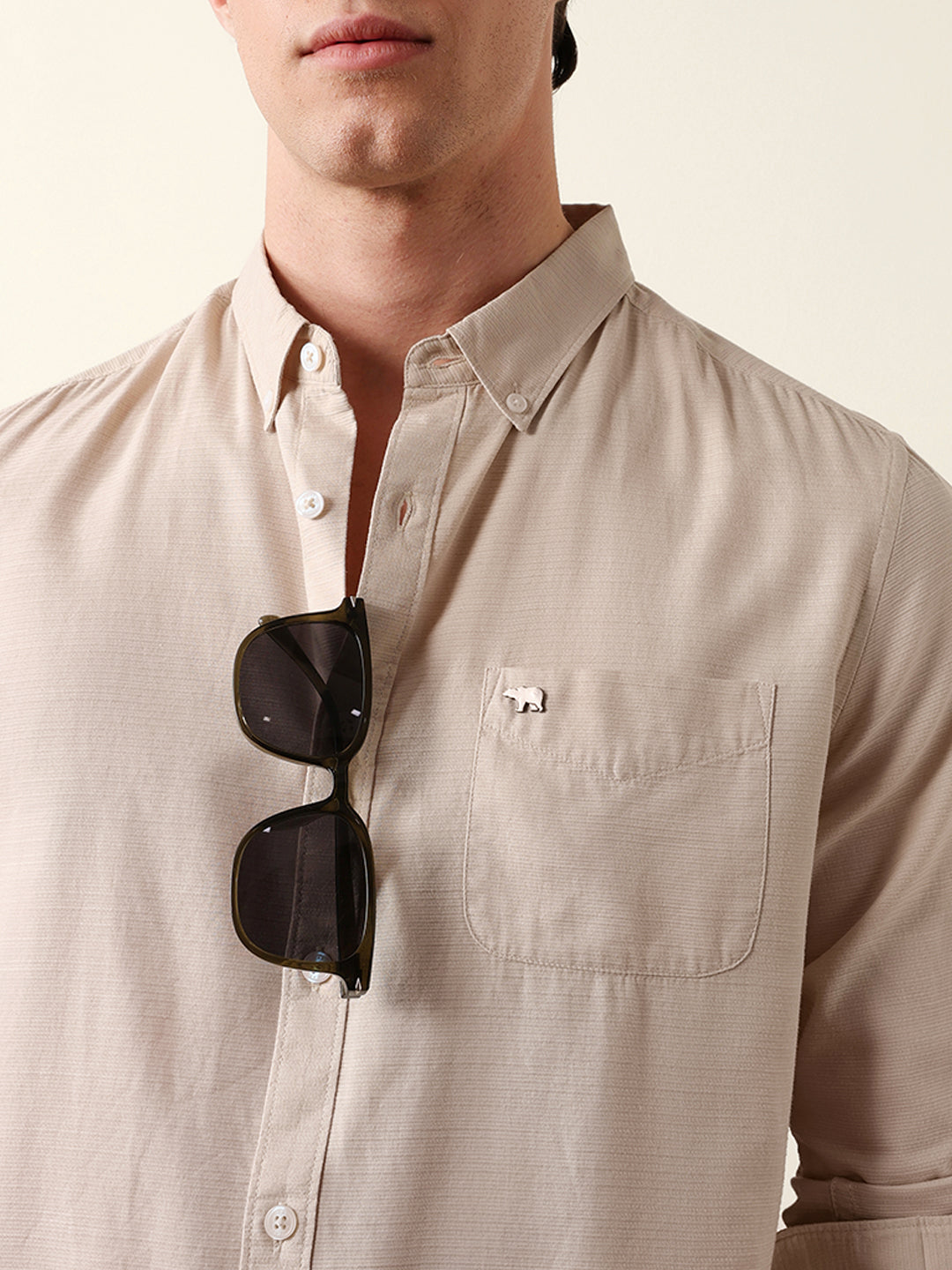Beige Woven Textured Solid Slim Fit Casual Shirt