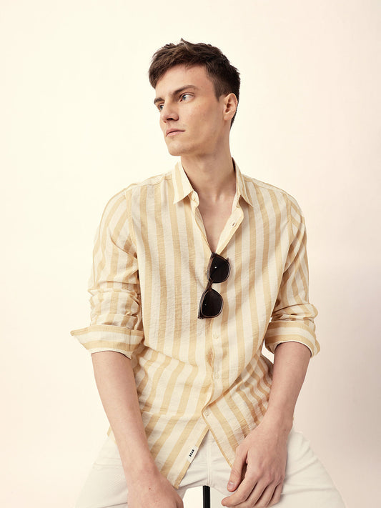 Yellow & Off-White Vertical Stripe Regular Fit Casual Shirt