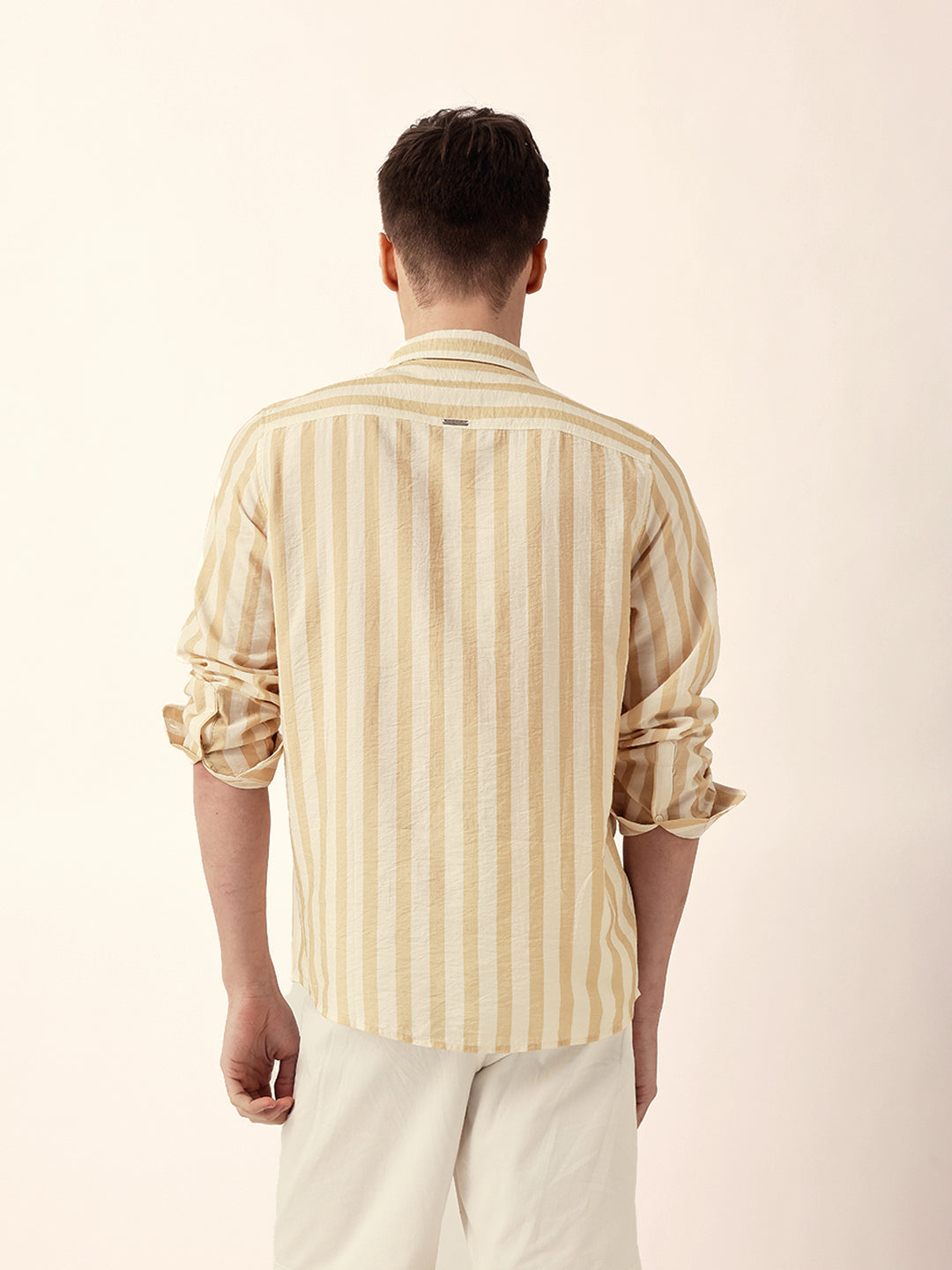 Yellow & Off-White Vertical Stripe Regular Fit Casual Shirt