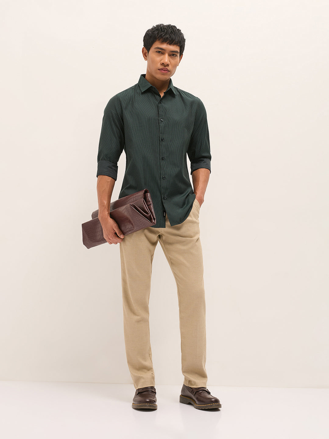 Green Woven Pin Stripe Design Tailored Fit Formal Shirt