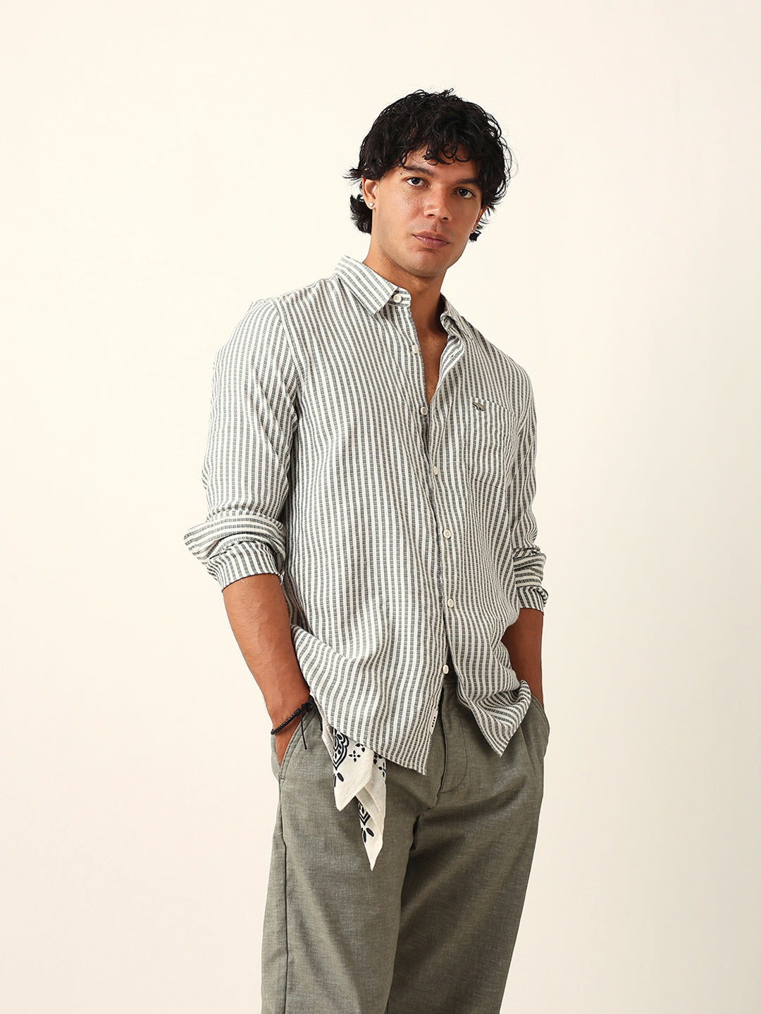 Green & White Vertical Woven Pinstriped Slim Fit Casual Shirt