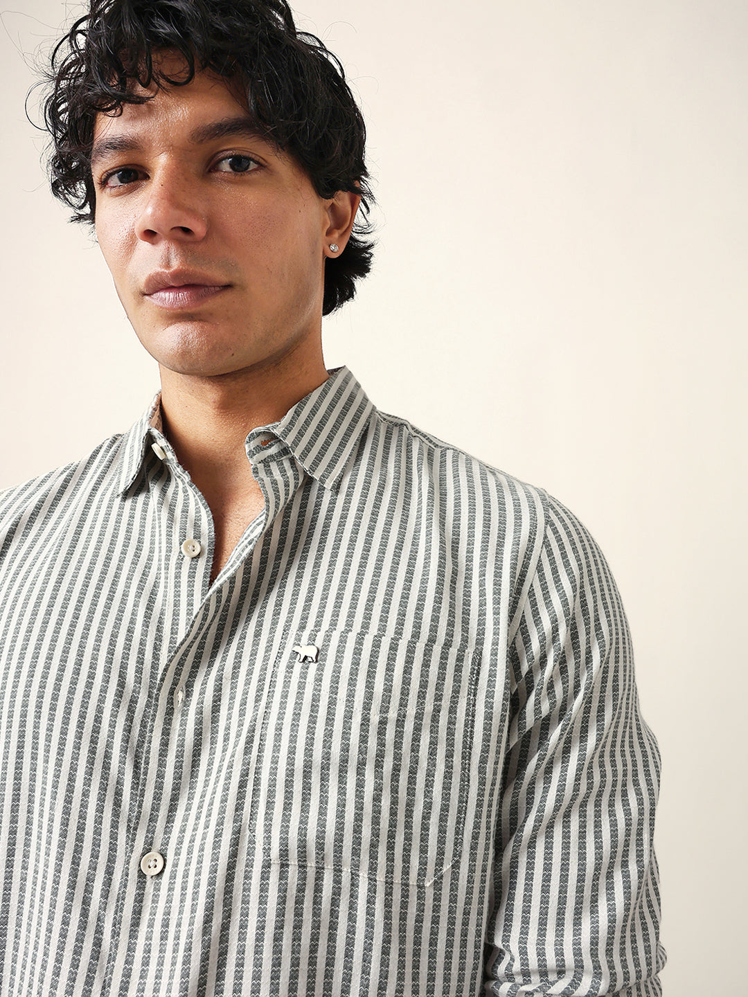 Green & White Vertical Woven Pinstriped Slim Fit Casual Shirt
