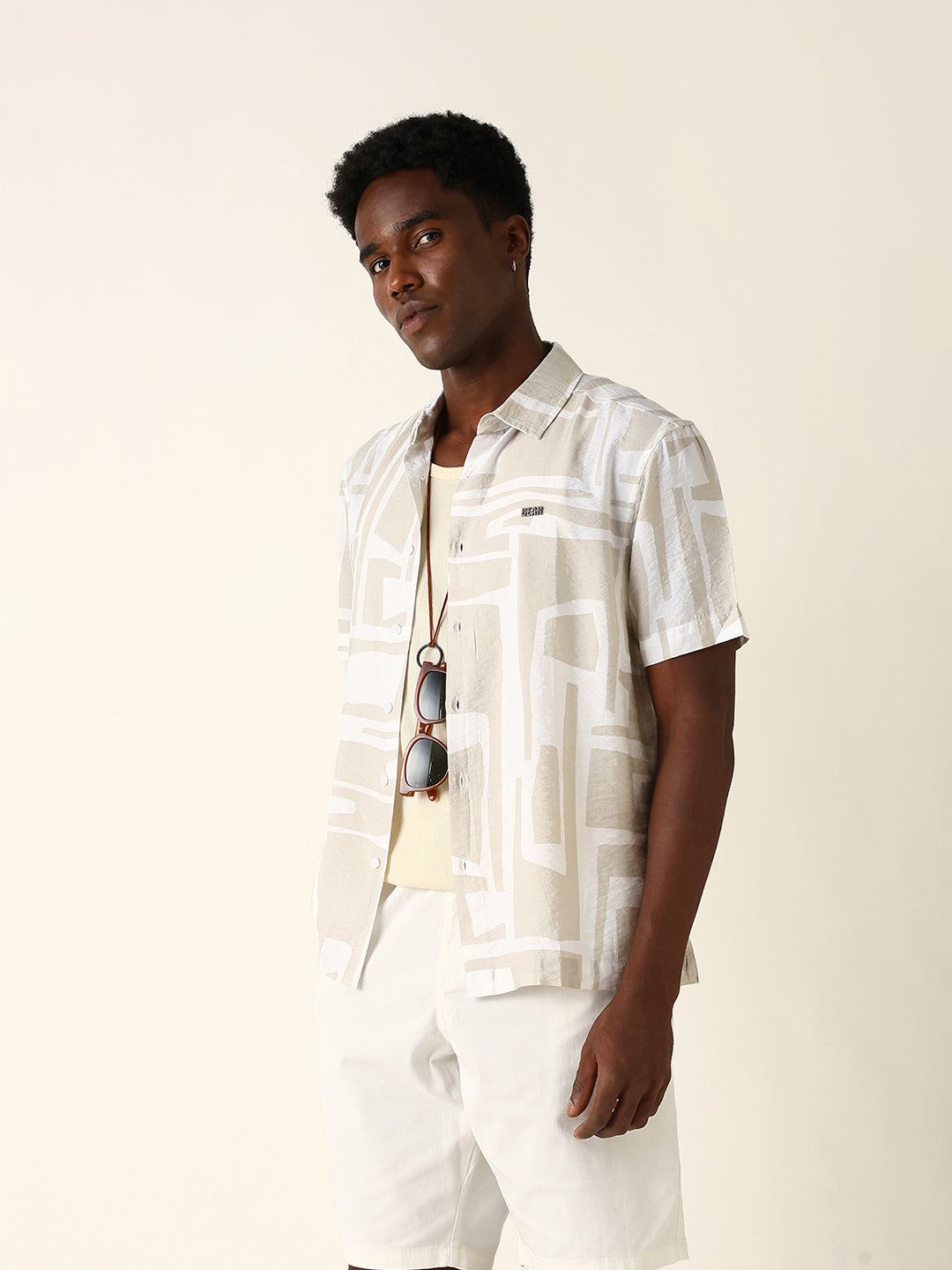 White & Beige Relaxed Fit Abstract Stroke Print Half Sleeve Casual Shirt