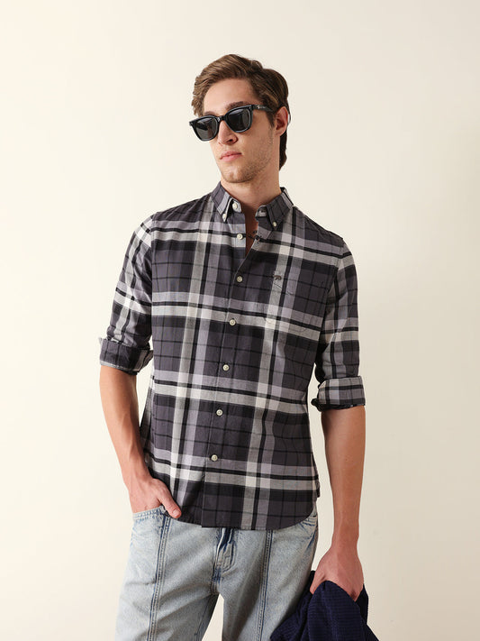 Charcoal Grey Woven Checkered Slim Fit Casual Shirt