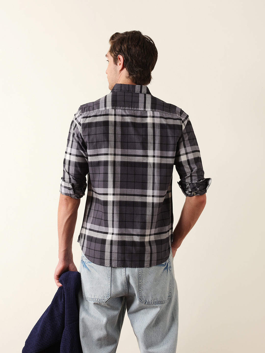 Charcoal Grey Woven Checkered Slim Fit Casual Shirt