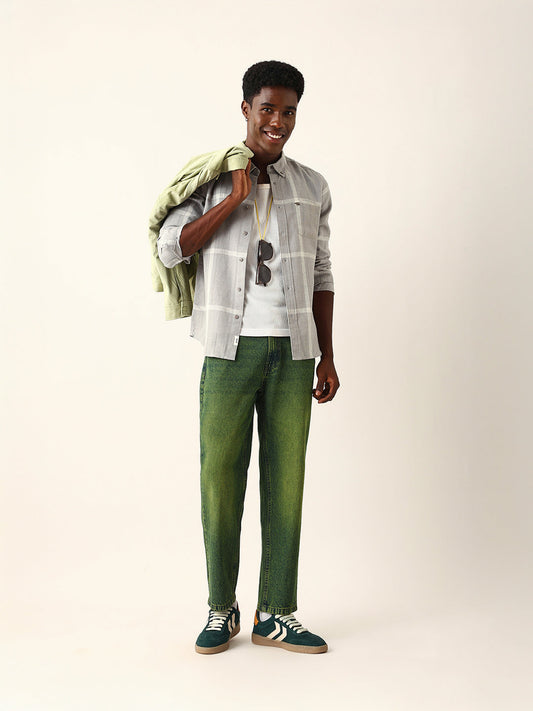 Grey & White Woven Checked Slim Fit Casual Shirt with Button-Down Collar