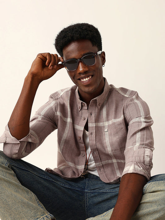 Mauve brown & Beige Woven Checked Slim Fit Casual Shirt with Button-Down Collar