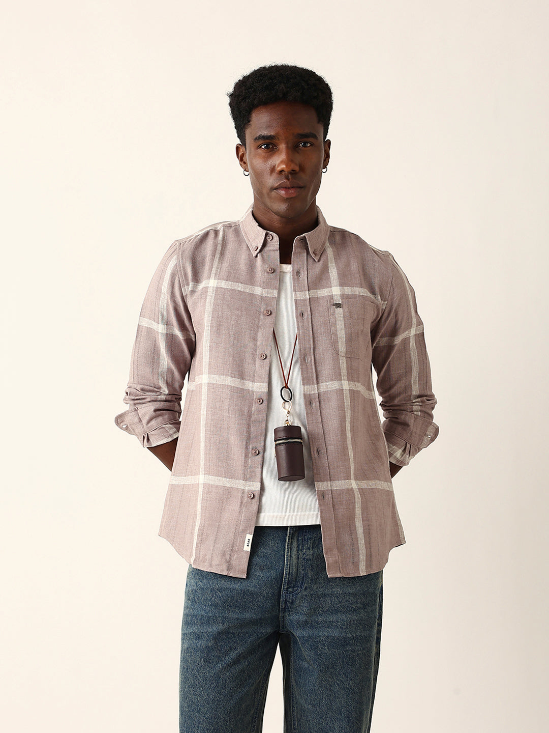 Mauve brown & Beige Woven Checked Slim Fit Casual Shirt with Button-Down Collar