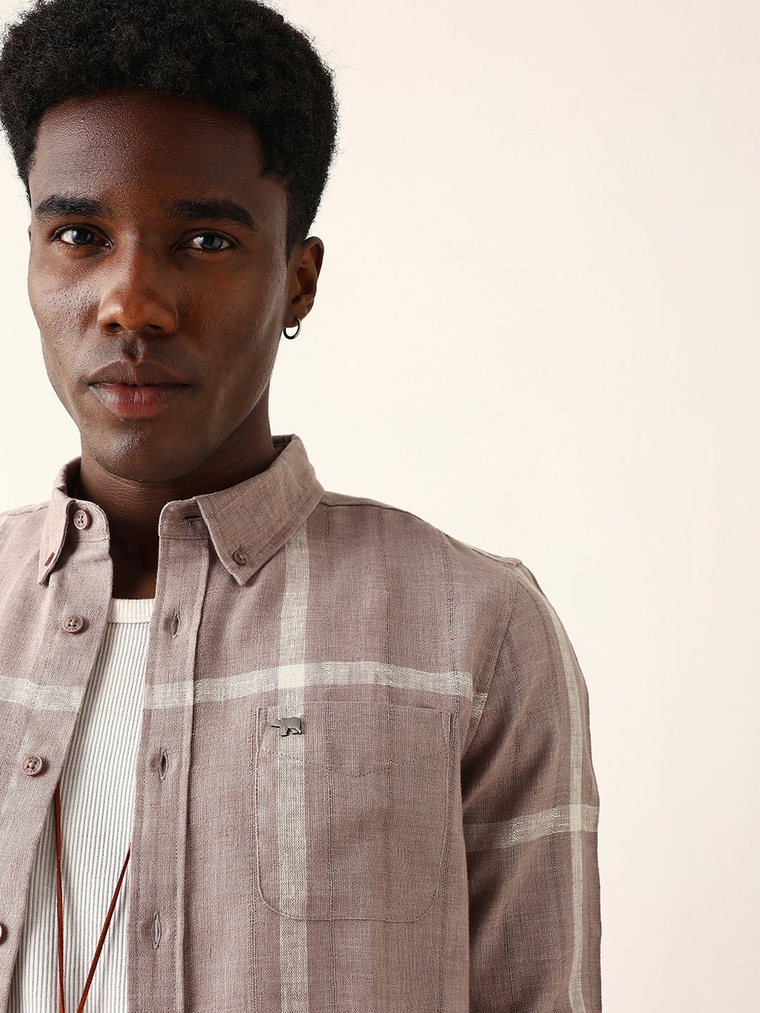 Mauve brown & Beige Woven Checked Slim Fit Casual Shirt with Button-Down Collar