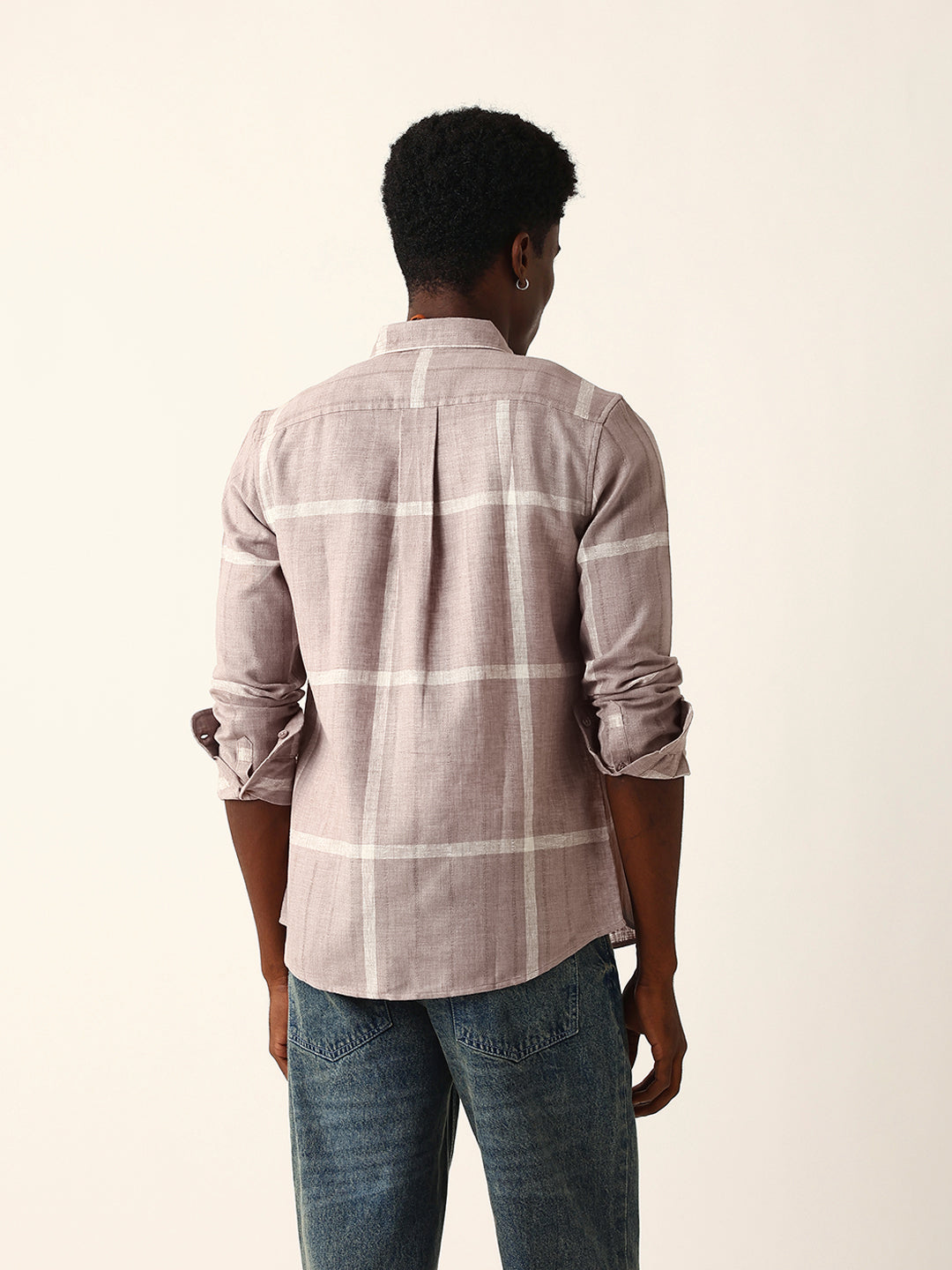 Mauve brown & Beige Woven Checked Slim Fit Casual Shirt with Button-Down Collar