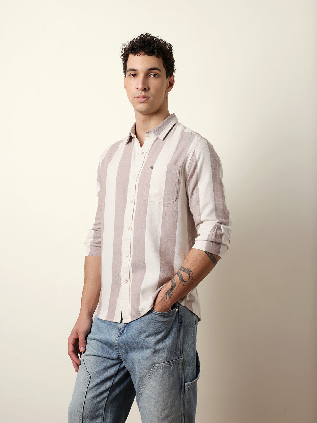 Rust & Cream Vertical Stripe Regular Fit Casual Shirt