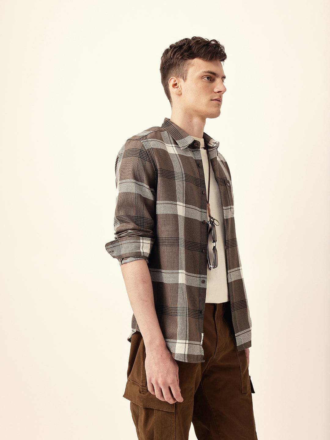 Brown Woven Check Slim Fit Casual Shirt