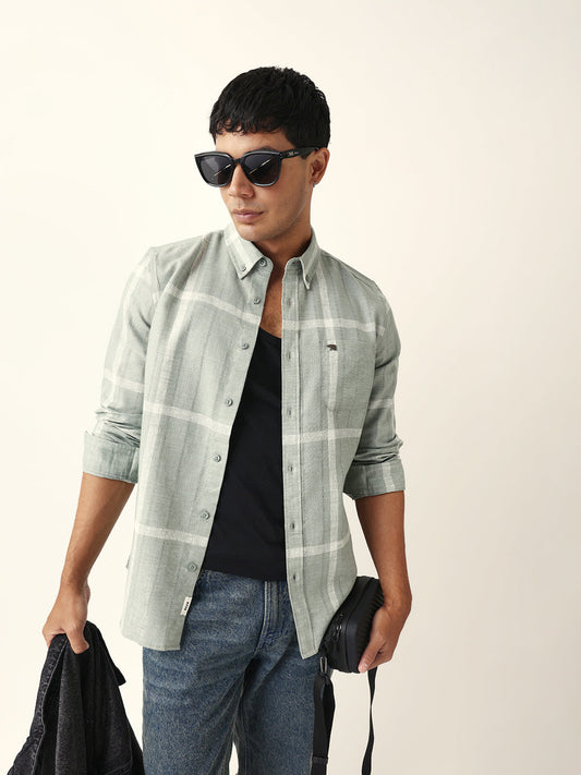 Green & Beige Woven Checked Slim Fit Casual Shirt with Button-Down Collar
